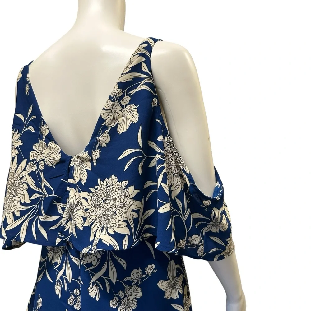 DEX Cold Shoulder Maxi Dress Blue Dahlia Floral Tiered Ruffle V-Neck Size M - Picture 6 of 11